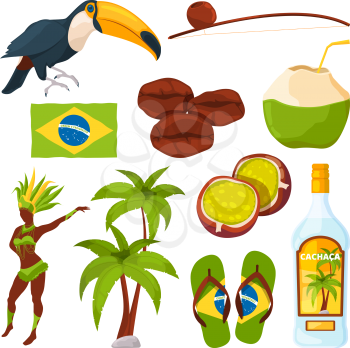 Vector collection of different brazilian symbols. Brazilian palm and carnival woman, toucan and cocktail illustration