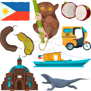 Landmarks and traditional symbols of philippines. Vector philippines national, traditional architecture country, filipino trip and boat illustration
