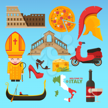 Italian symbols isolate. Vector pictures in flat style. Illustration of italian famous architecture, travel italy and food, pope and coliseum, pizza and moped