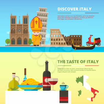 Background pictures of Italy. Banners set in flat style. Italy travel and vacation, tourism and culture. Vector illustration