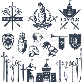 Monochrome pictures and badges of medieval knight theme. Illustrations of helmets, swords. Vector shield ancient for armor military