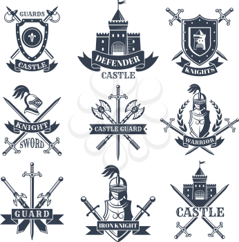 Labels or badges set with pictures of medieval knights, helmets and swords. Medieval emblem and shield armor, heraldry vintage badge. Vector illustration