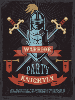 Poster with illustrations of medieval warrior helmet and swords. Weapon and armor knight, history party in ancient warrior style vector