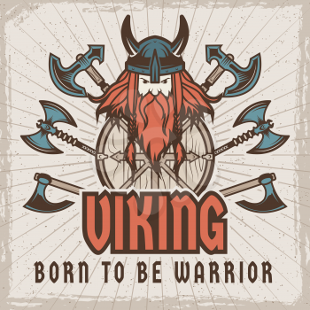 Poster with barbarian warrior with weapons. Template with place for your text. Barbarian and warrior, viking medieval in helmet. Vector illustration