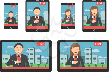 News on screen at different digital devices smartphones and tablets. Vector news media on device screen digital, illustration