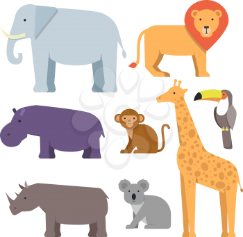 Wild animals in flat style. Vector pictures collection of wild, animals, elephant and giraffe, lion and hippo, rhino and monkey illustration