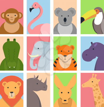 Cute square avatars with wild animals. Elephant and rhinoceros, giraffe and hippopotamus, flamingo and crocodile. Vector illustration