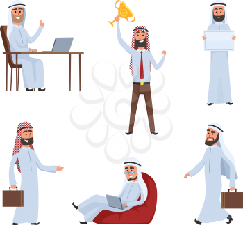 Saudi peoples at work. Arabic cartoon characters. Arabic saudi male people characters arabian business man. Vector illustration