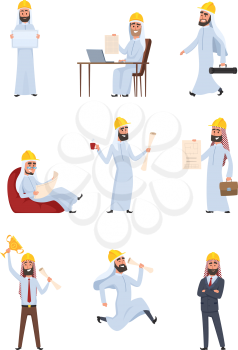 Arabic builders. Characters set isolate on white background. Arab builder and man worker, architect and contractor islamic. Vector illustration