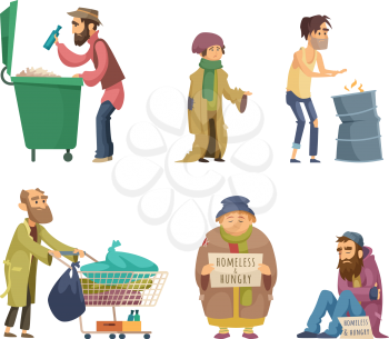 Poor and homeless adults people. Vector characters set. Homeless dirty, poor beggar, hungry adult with problem illustration