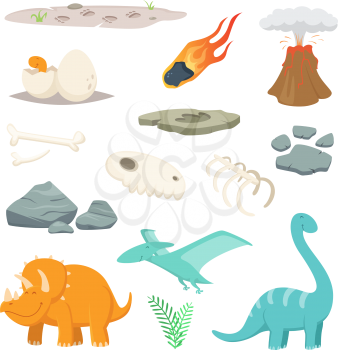 Dinosaurs, stones and other different symbols of prehistoric period. Dinosaur and meteorite stone, prehistoric animall. Vector illustration