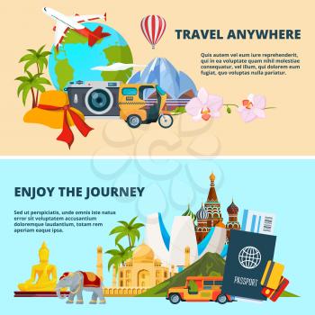 Illustrations of travel theme with pictures of different world landmarks. Vector travel and tourism world landmark, journey and trip banner
