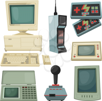 Retro illustrations of technicians gadgets. Vector pictures retro and vintage gadget, device video game, joystick and keyboard