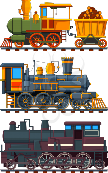 Illustrations of retro trains with wagons. Vector train locomotive, wagon on railroad
