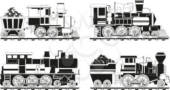 Monochrome pictures of vintage trains. Train transportation railway, monochrome transport on railroad. Vector illustration