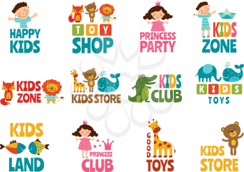 Different logos for kids with funny colored illustrations. Child area, playroom or store vector