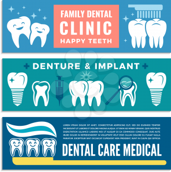 Horizontal banners for dental clinic with illustrations of teeth. Dental tooth clinic banner, equipment for care, stomatology and hygiene vector