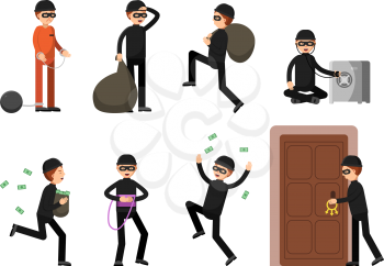 Criminal illustrations of theif characters in different action poses. Burglar male, cartoon running robber vector