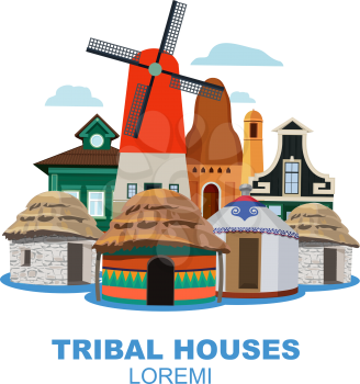 Traditional tribal houses from different peoples. Tribal dwelling building, historic home wigwam, culture native, vector illustration