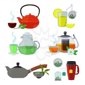 Illustrations of cups and kettles for different types of tea. Vector cup of tea, kettle and teapot