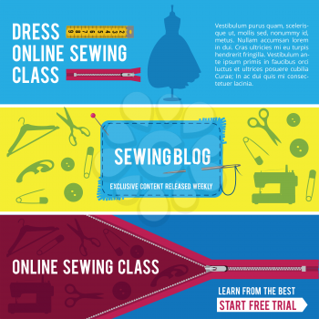 Horizontal banners for tailor shop with pictures of sewing tools. Workshop web banner, poster sewing blog or class online. Vector illustration