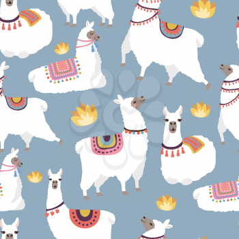Colored illustrations for textile pattern with illustration of llamas. Vector alpaca cute with white wool