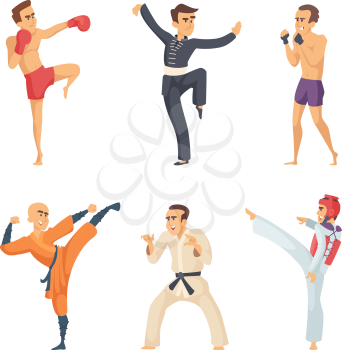 Sport characters in action poses. Taekwondo karate fighters. Set of pose martial art sport, vector illustration