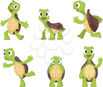 Cartoon vector turtle in various action poses. Illustration of animal tortoise, reptile mascot caricature of collection
