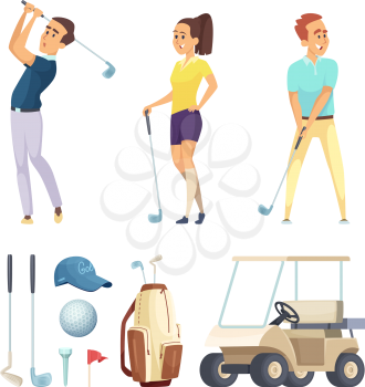 Sport characters and various tools for golf players. Vector cartoon mascots. Illustration of sport player golf, leisure golfer, play and recreation