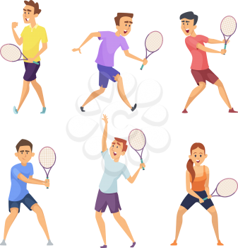 Various tennis players. Vector characters in action poses. Illustration sport player tennis with racket, male and female action