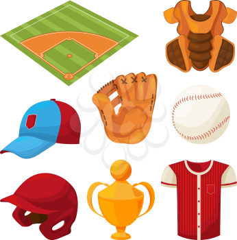 Baseball cartoon icons set isolate on white. Sport ball for game, cartoon american softball, cap and cup. Vector illustration