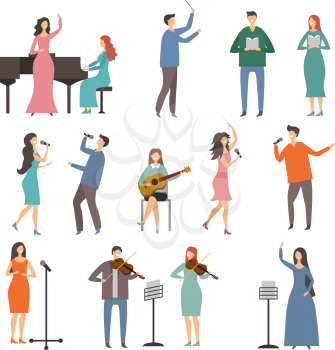 Musician persons in different music duets. Vector characters of singers. Illustration of music singer, musician man character