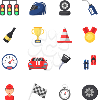 Sport symbols of racing. Car, motor, track and other flat icons. Vector sport vehicle, auto motor championship, speedometer and racer illustration