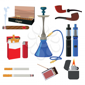 Hookah, tobacco, cigarette and other different tools for smokers. Vector cigarette and cigar, hookah and pipe illustration