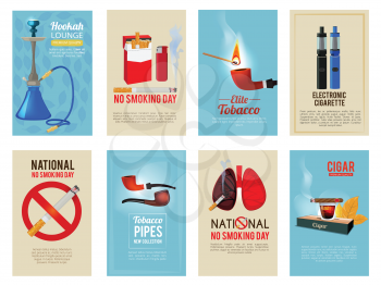 Different vector cards with illustrations of various tools for smokers. Card with cigarette and tobacco, poster banner ban cigar