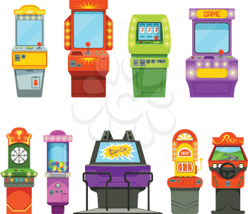 Vector colored illustrations of games machines. Driving simulator and different arcade games in amusement park. Game arcade machine, joystick simulator, controller virtual, screen