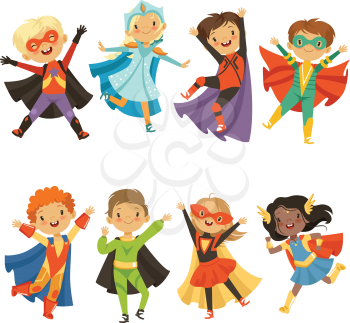Kids in superhero costumes. Funny characters isolate on white background. Comic character kids in superhero costume, vector illustration