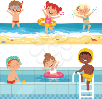 Kids playing in water. Vector characters isolate. Boy and girl in sea. Child activity on beach illustration