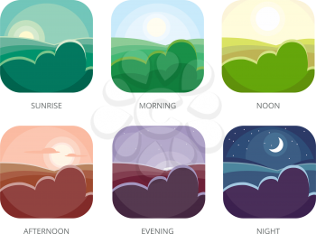 Visualization of various times of day. Morning, noon and night. Flat style vector illustrations. Sunrise and afternoon, evening landscape