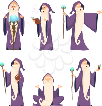 Wizard male. Cartoon mascot in action poses. Magician and sorcerer, warlock man in robe, vector illustration