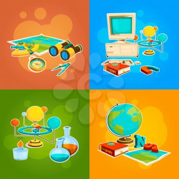 Collection of geography and science tools. Astronomy study, binoculars and compass, sextant instrument. Vector illustration