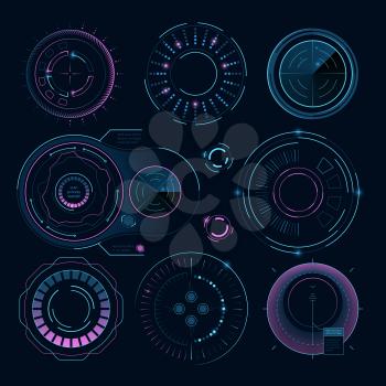 Futuristic digital graphics. Hud radial shapes for web interface information, electronic circular sphere, vector illustration