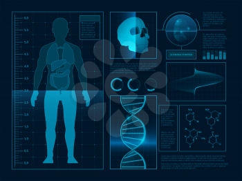 Digital abstract illustrations for health infographic. Pictures of web ui. Hud science interface human health vector