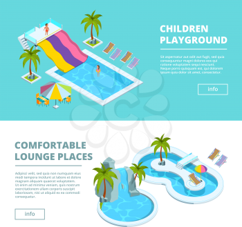 Horizontal banners with isometric pictures of water park and kids playgrounds. Vector aqua area with swimming pool and chaise, banner kid playground water illustration