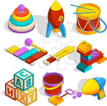 Isometric preschool children toys. Game for child, play and toy for kindergarten, drum rocket and block. Vector illustration