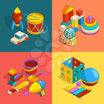 Four thematic groups of preschool children toys. Vector isometric illustrations. Game drum and rocket, block cube and pyramid