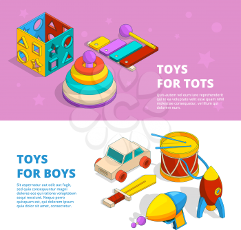 Horizontal banners with illustrations of children toys xylophone and drum, sword and car, cube and rocket vector