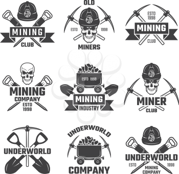 Mineral and gold mining. Vector emblems mine industrial of set illustration