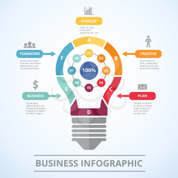 Infographic concept with stylized picture of lighting bulb. Graphic visualization of five steps to success. Chart and graph plan teamwork info graphic. Vector illustration