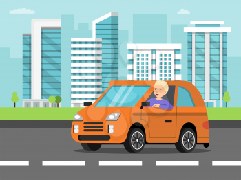 Urban landscape with car and driver. Auto on street road, car traffic town, vector illustration
